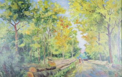 un tableau représentant un homme à vélo sur la route
