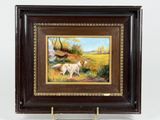 an oil painting of a white dog and a brown dog in a field