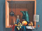 a painting of a shelf with a vase and fruit on it