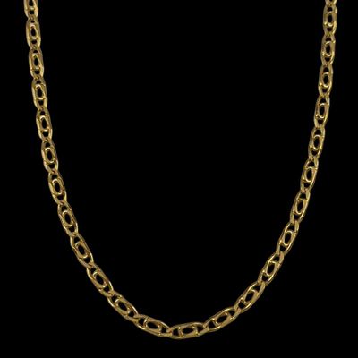 a gold chain necklace with an oval link on a black background