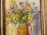 an oil painting of a vase of wildflowers on a table