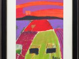 an abstract painting of a red and green field with buildings in the background