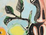 a painting of a vase and an orange on a table