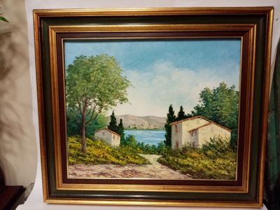 painting of a house by the water with a view of a lake
