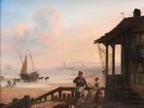 a painting of people on the beach by the water