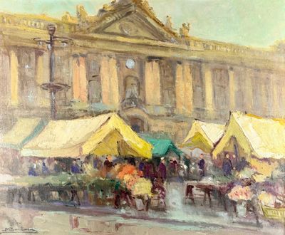 a painting of a street scene with a building in the background