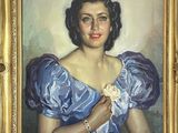 painting of a woman in a blue dress holding a flower