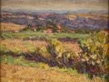 une peinture à l'huile d'un champ avec des arbres au loin
