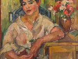 an oil painting of a woman sitting at a table with flowers in a vase