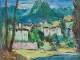 un tableau représentant une vue d'une ville avec une montagne en arrière-plan