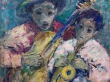 painting of two children playing instruments in a chair