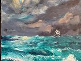 une peinture à l'huile représentant un voilier sur une mer agitée