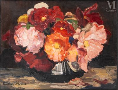 a painting of flowers in a silver vase on a table
