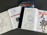 three books with drawings of people riding horses and a horse rider