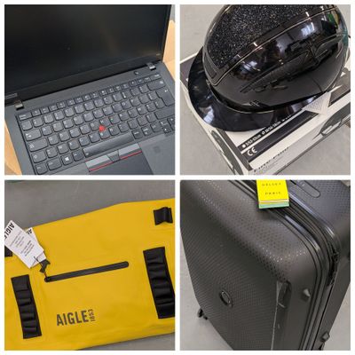 quatre photos différentes d'un ordinateur portable et d'une valise sur laquelle est posé un casque