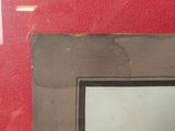 an old picture of a cat sitting on a table in front of a red wall