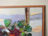 a painting on the wall of a room with a vase of flowers