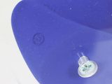 a close up of a toilet with a blue seat