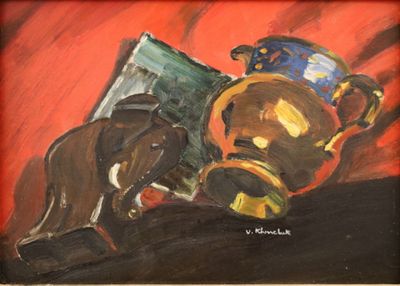 un tableau représentant un taureau et un vase posés sur une table