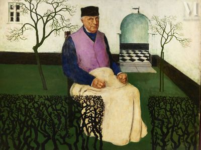 tableau représentant un homme assis sur un banc dans un jardin