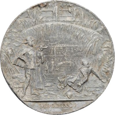 an old silver coin with an image of a man and woman on it