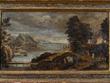 an image of a painting of a river scene with a man and a woman