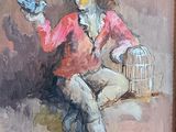 une peinture à l'huile représentant un homme tenant un oiseau et une cage à oiseaux