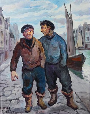 painting of two men walking down a cobblestone street with boats in the background