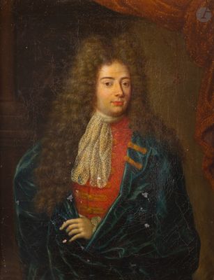 un tableau représentant un homme aux cheveux longs vêtu d'un manteau bleu