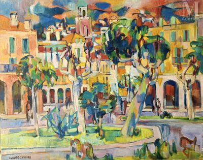 une peinture à l'huile représentant une ville avec, au premier plan, une fontaine et des arbres