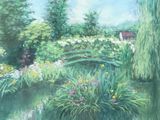 a painting of a pond with a bridge and trees