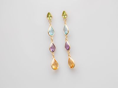 a pair of multicolored earrings on a white background