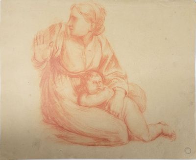 an old drawing of a woman holding a baby in her lap