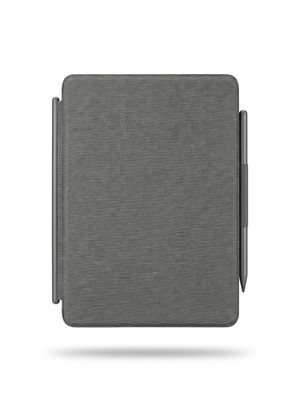 a gray notebook with a pen on top of it