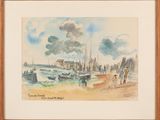 une image représentant une aquarelle montrant des bateaux sur une plage
