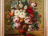 une peinture à l'huile représentant des fleurs dans un vase sur une table