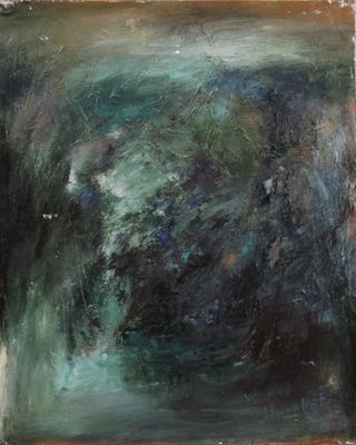 an oil painting of a green and black landscape with trees