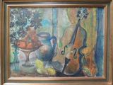 une peinture représentant un violon et une coupe de fruits
