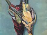 a painting of a dead bird hanging from a branch