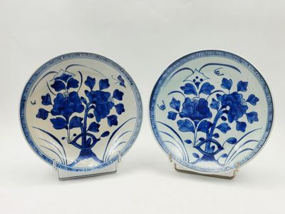 deux assiettes bleues et blanches ornées de fleurs, posées sur une table