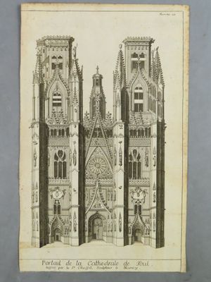 an old drawing of a gothic cathedral with a clock tower