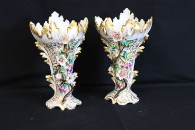 pair of antique hand painted porcelain vases with flowers and leaves