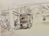 drawing of a bus on a city street with people walking by