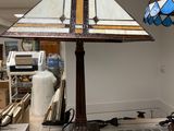 two lamps that are sitting on a table in a room