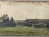 une peinture à l'huile d'un champ avec des arbres au loin