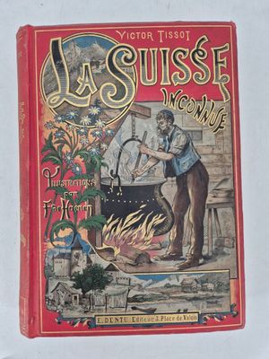 an old book with a picture of a man cooking a pot