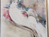 a painting of a woman sitting on a couch