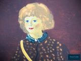 painting of a woman in a brown coat with a yellow bow