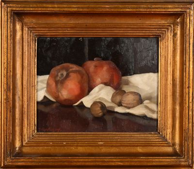 a painting of apples and nuts on a table
