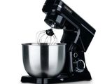 a black mixer with a metal bowl on a stand